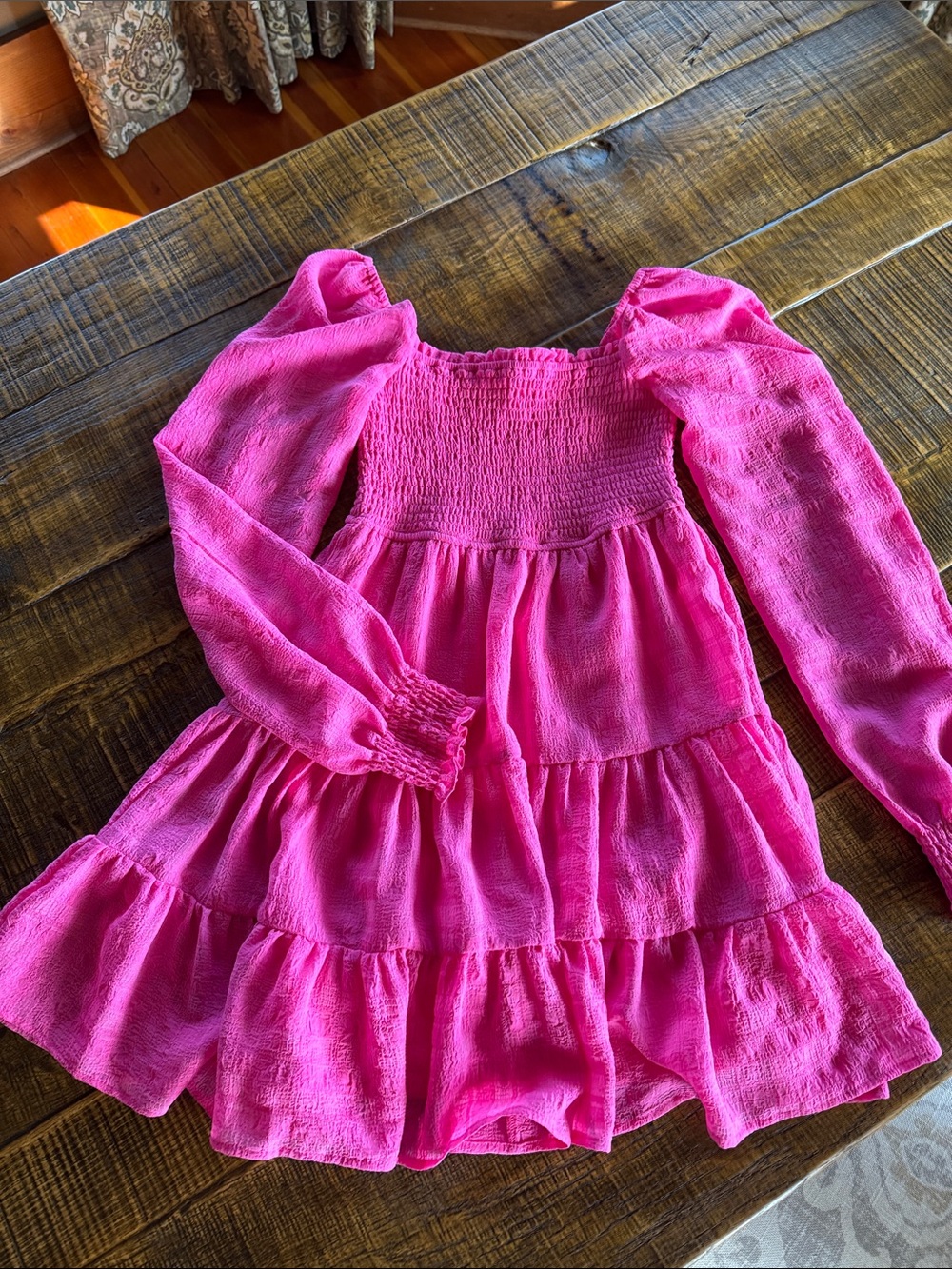 Girls' Bright Pink Smocked Tiered Long-Sleeve Dress